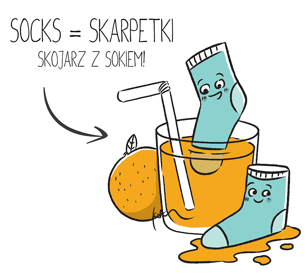 Rysunek: skarpety w szklance soku pomarańczowego obok pomarańczy. Skarpety po angielsku to socks, kojarzymy z sokiem.